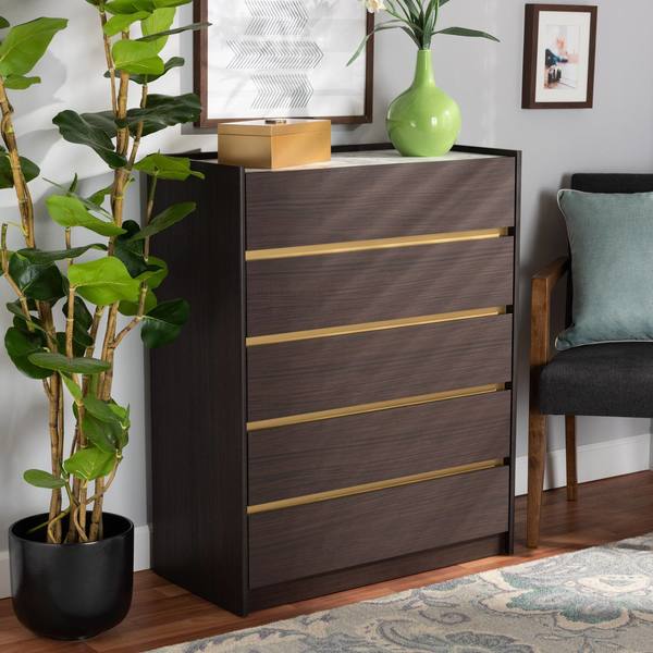 Baxton Studio Walker Modern and Contemporary Dark Brown and Gold Finished Wood 5-Drawer Chest with Faux Marble Top 189-11621-ZORO